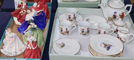 Six small Royal Doulton figurines and an early 20th century childs teaset